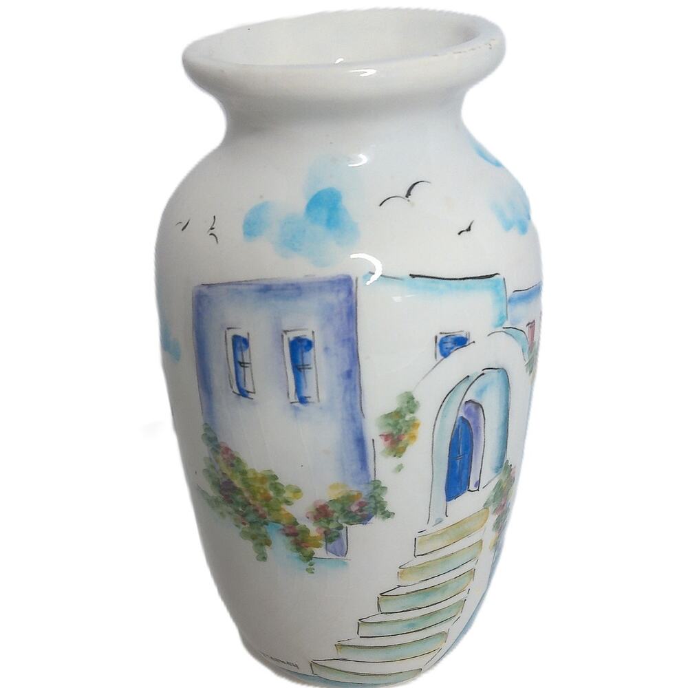 Vintage 1990s Hand Painted Artist Signed Greek Village Scene Vase 8" READ